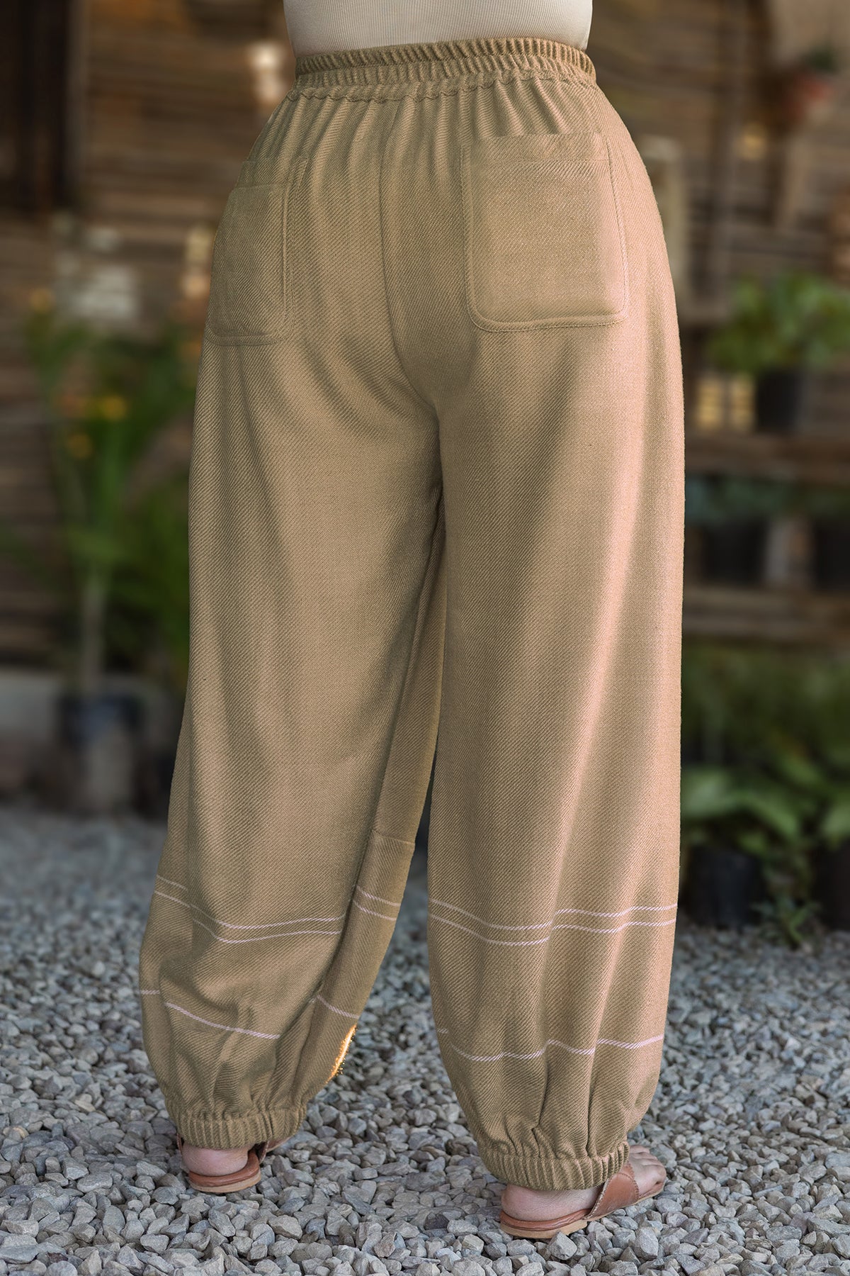 Balloon Pajama – Beige, back view with patch pocket