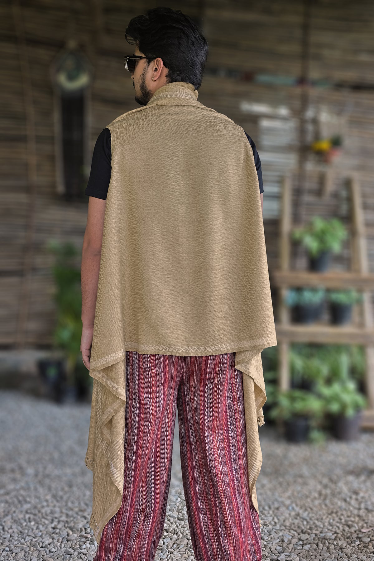 Drape Cape – Sand Beige, back view: falls long and straight behind