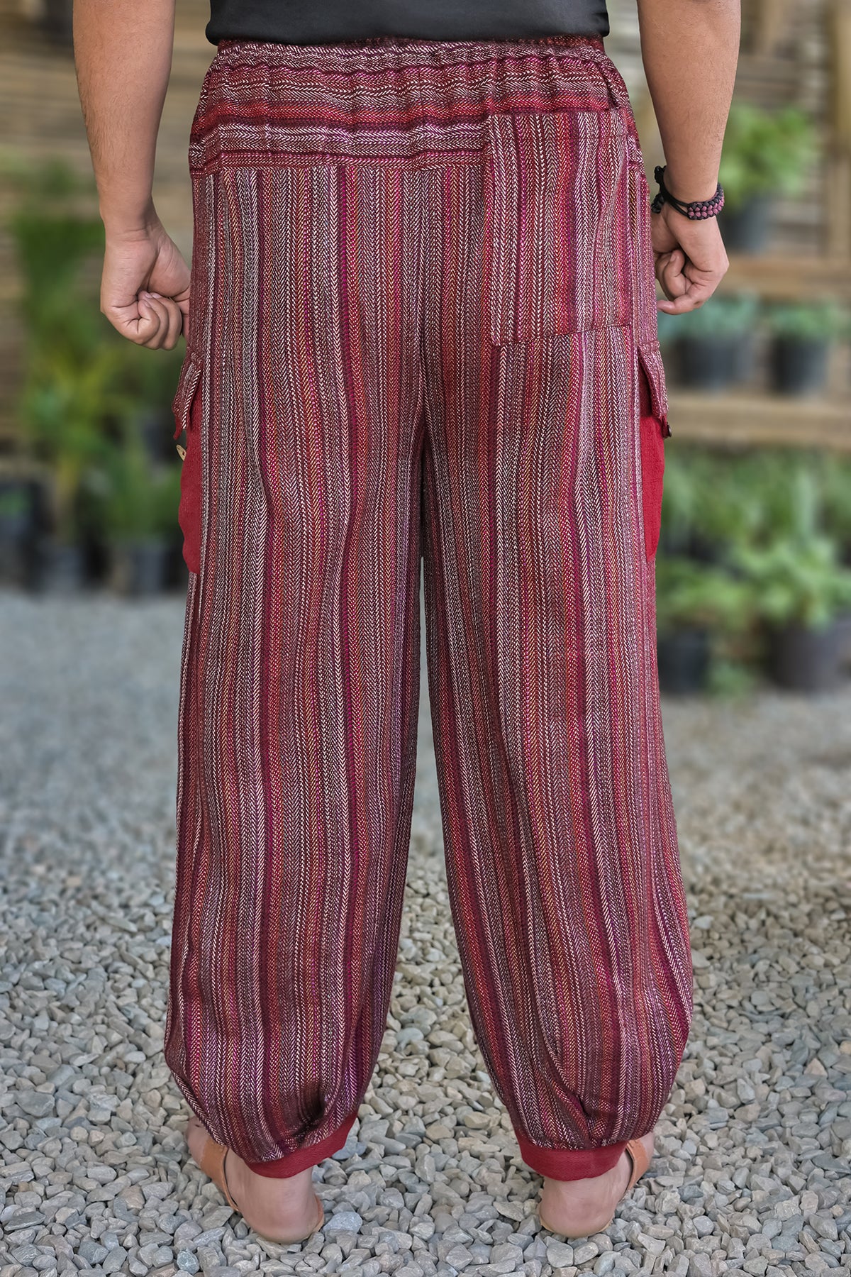 Drift Pant – Mulberry Stripes, back view with a patch pocket