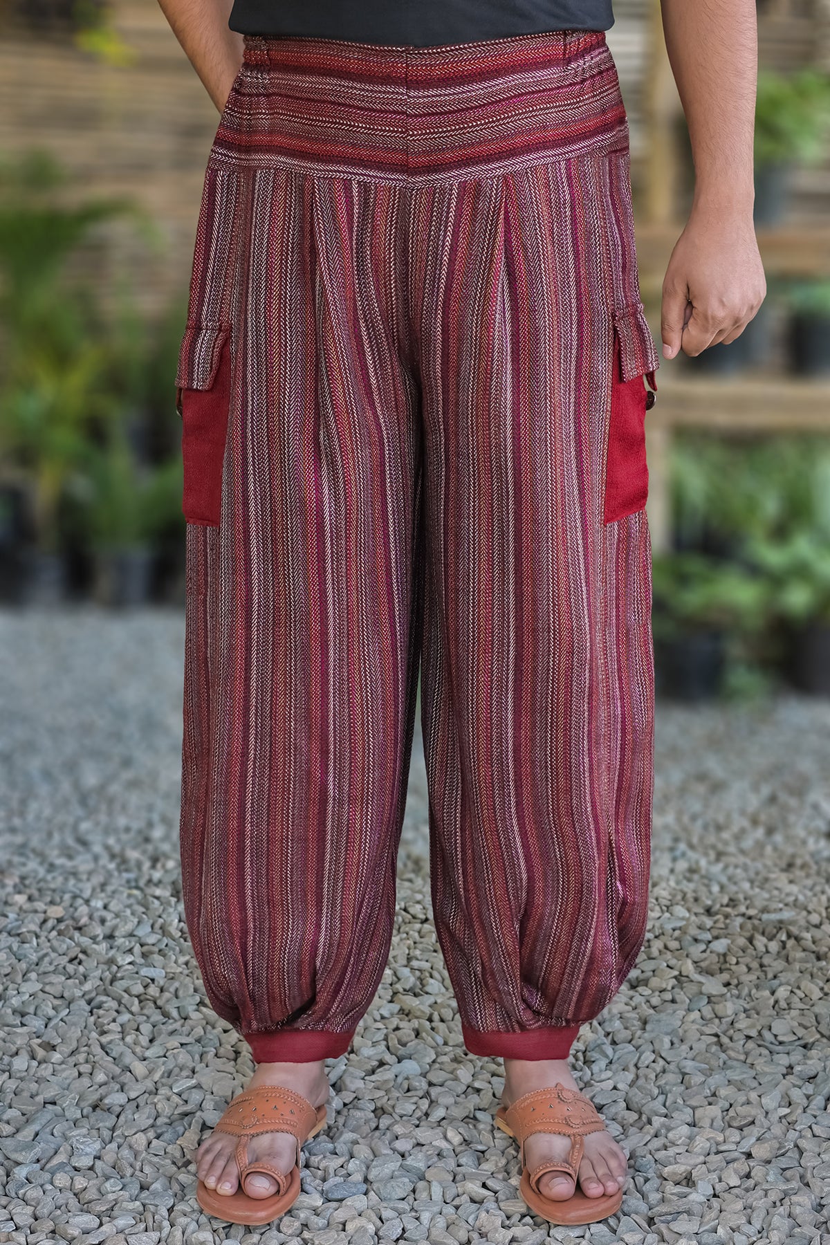Drift Pant – Mulberry Stripes, front view: wide banded waist, cargo pockets and solid ankle cuffs