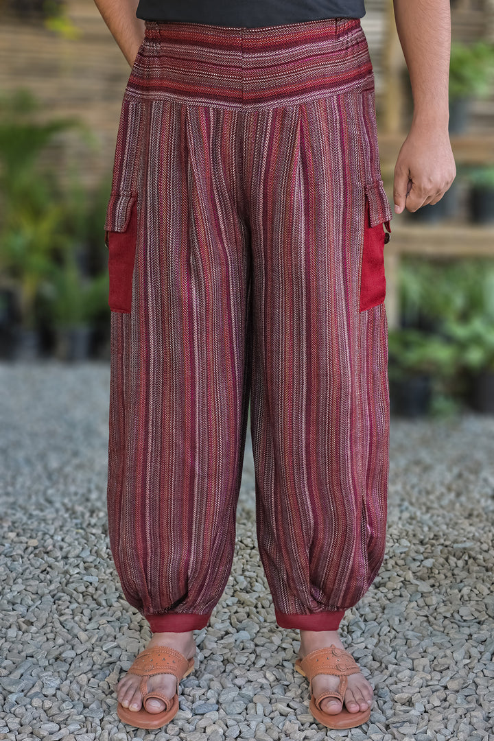 Drift Pant – Mulberry Stripes, front view: wide banded waist, cargo pockets and solid ankle cuffs