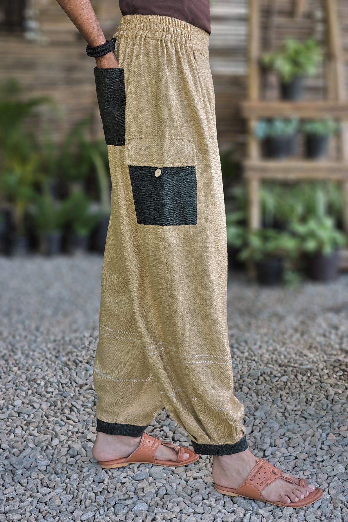 Drift Pant – Oatmeal, side view with the buttoned cargo pocket