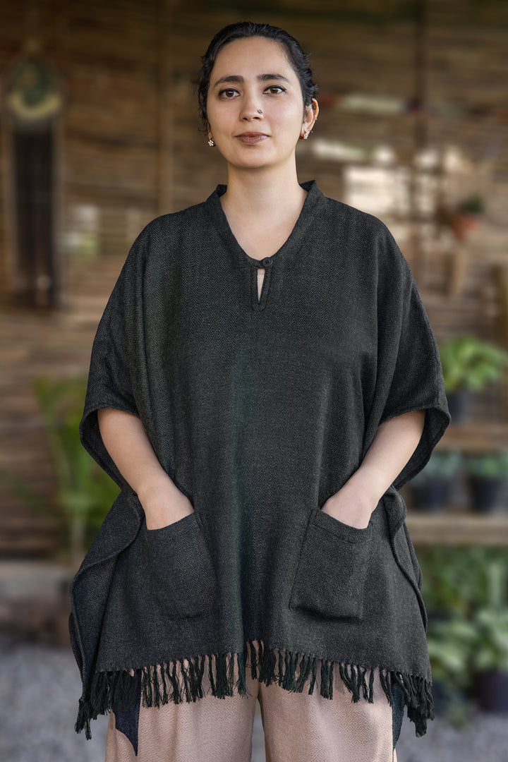 Drift Top – Charcoal, front view: band collar, patch pockets and fringed hem