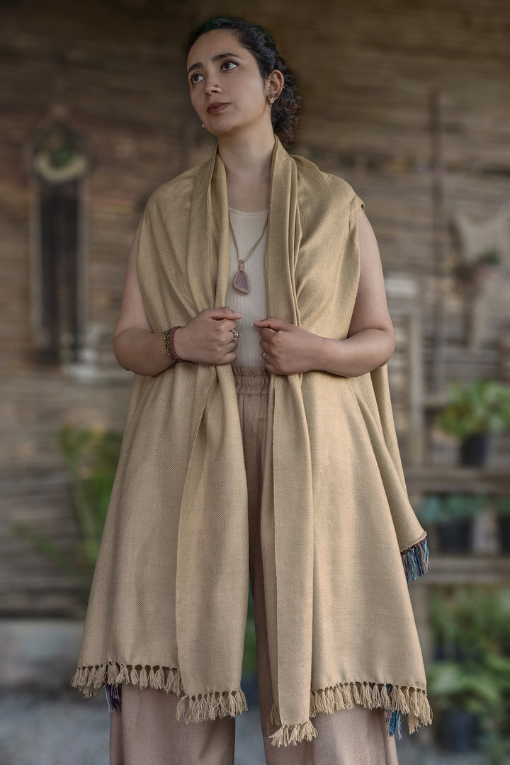 Dune Cape – Sand worn open like a long vest, front view