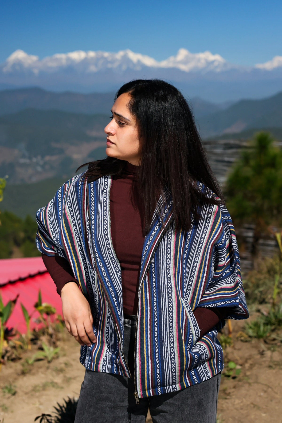 Kaftan Jacket – Blue & Yellow, front view worn open