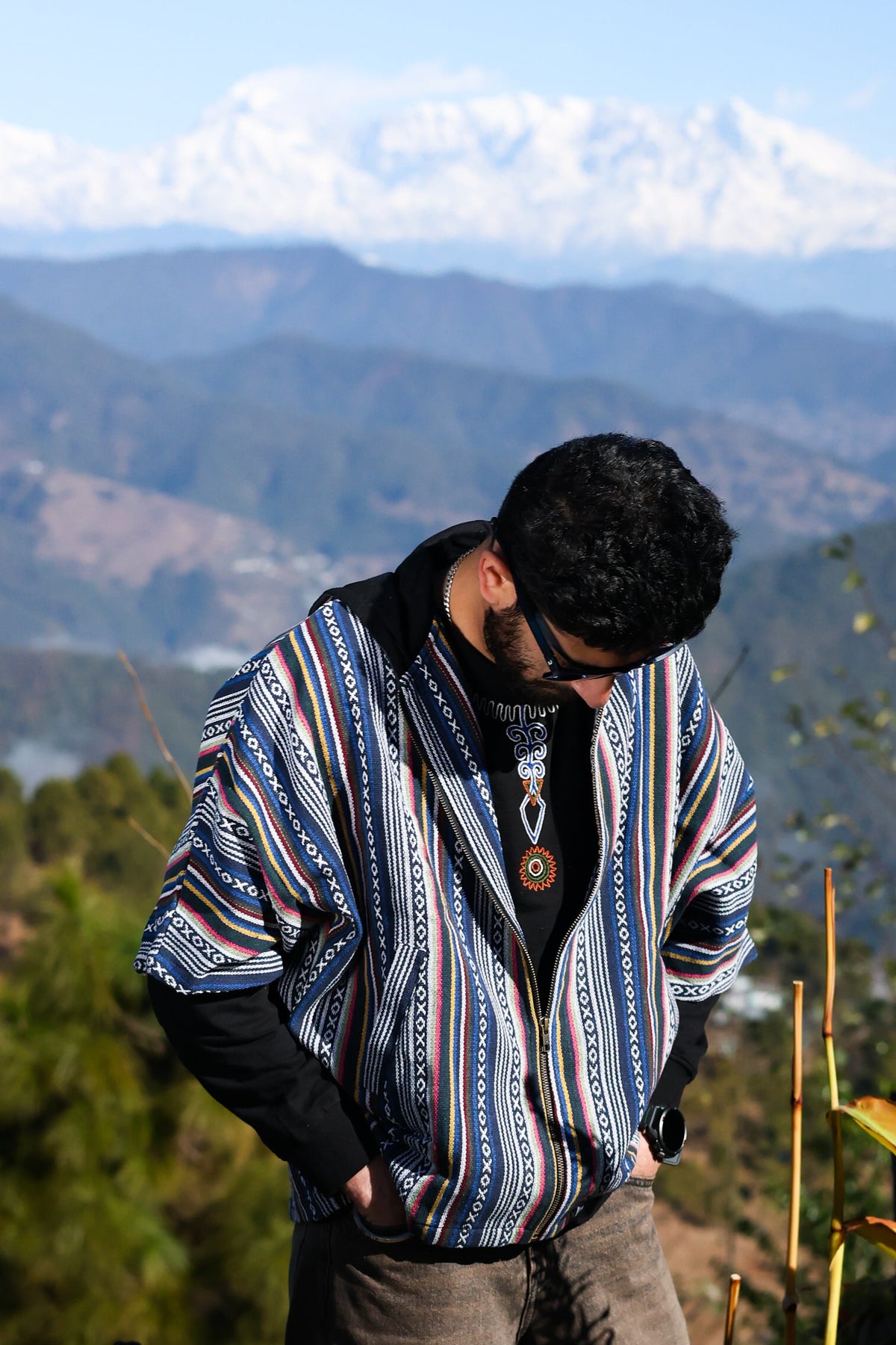 Kaftan Jacket – Blue & Yellow, front view with hands in pockets