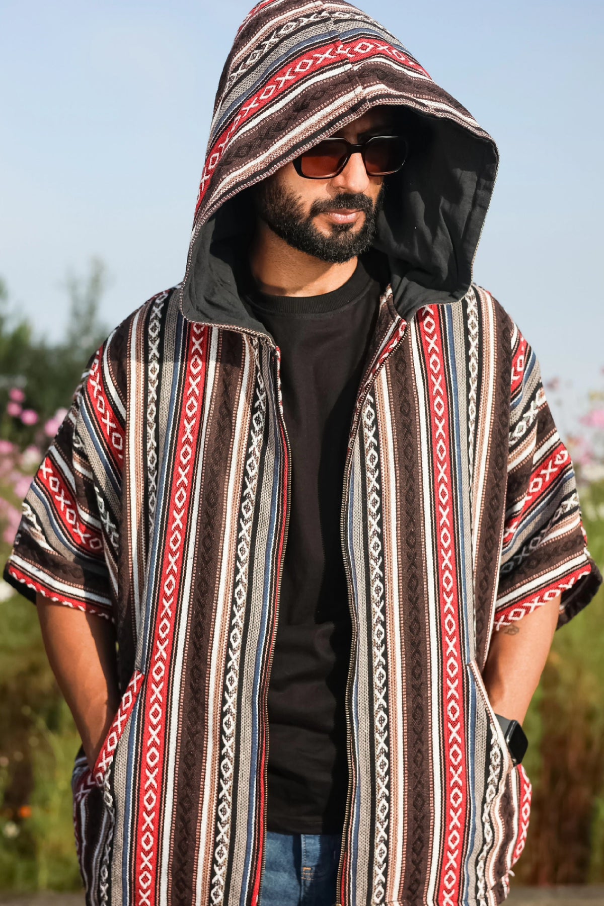 Kaftan Jacket – Brown & Red, front view with the hood up