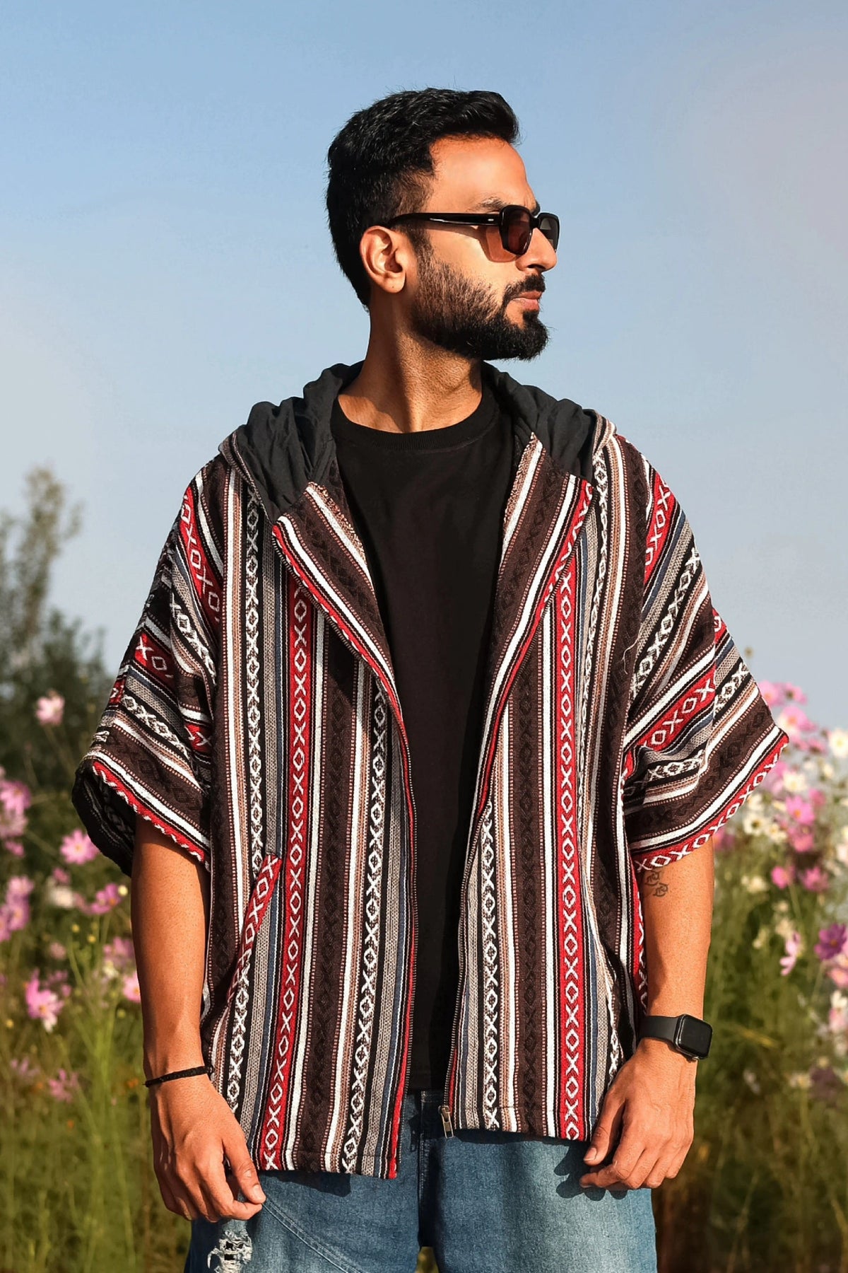 Kaftan Jacket – Brown & Red, front view with the hood down