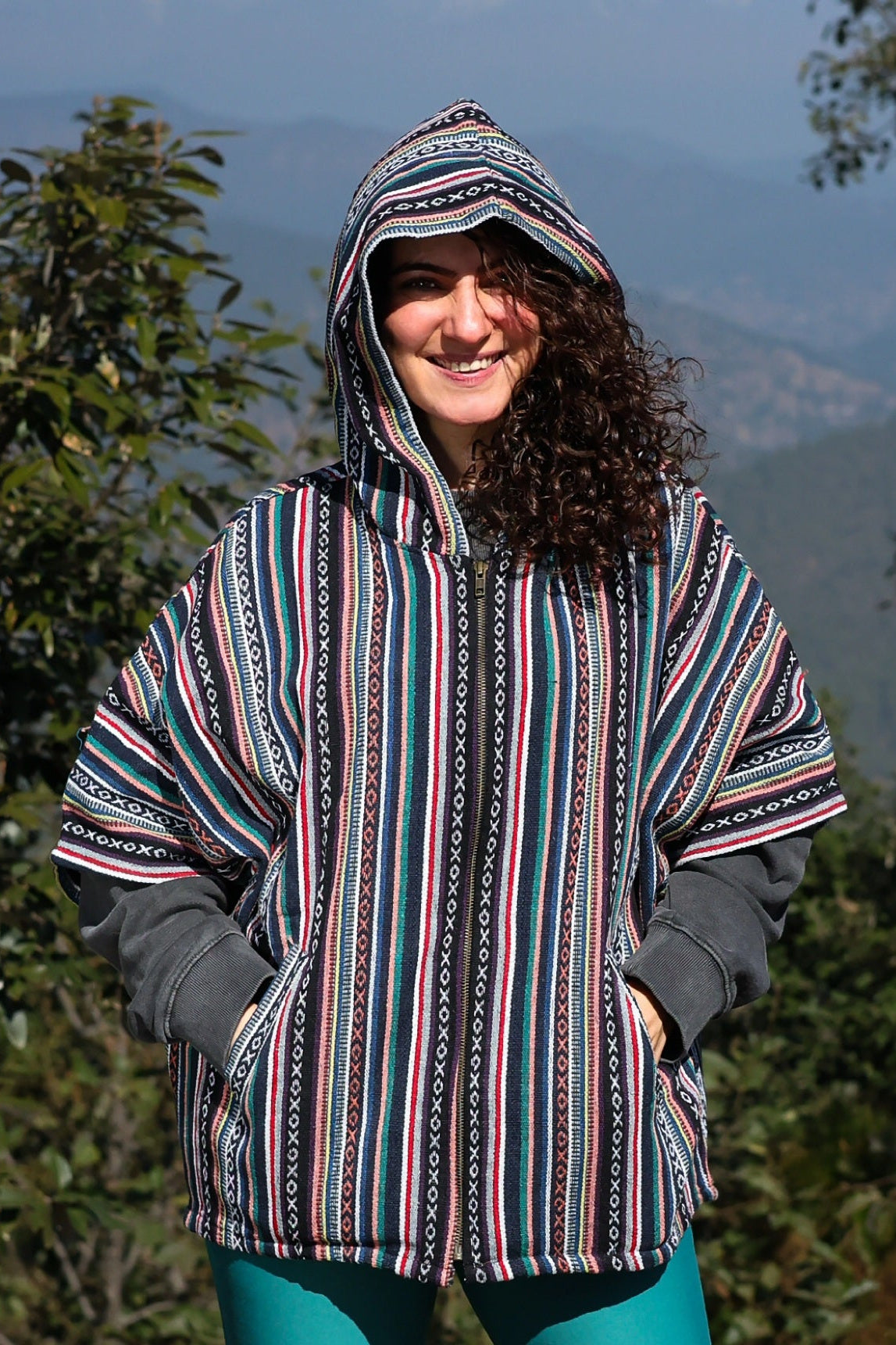 Kaftan Jacket – Dark Green, front view with the hood up