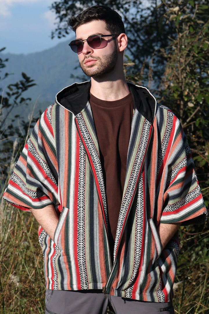 Kaftan Jacket – Red Rust, front view showing the hood lining