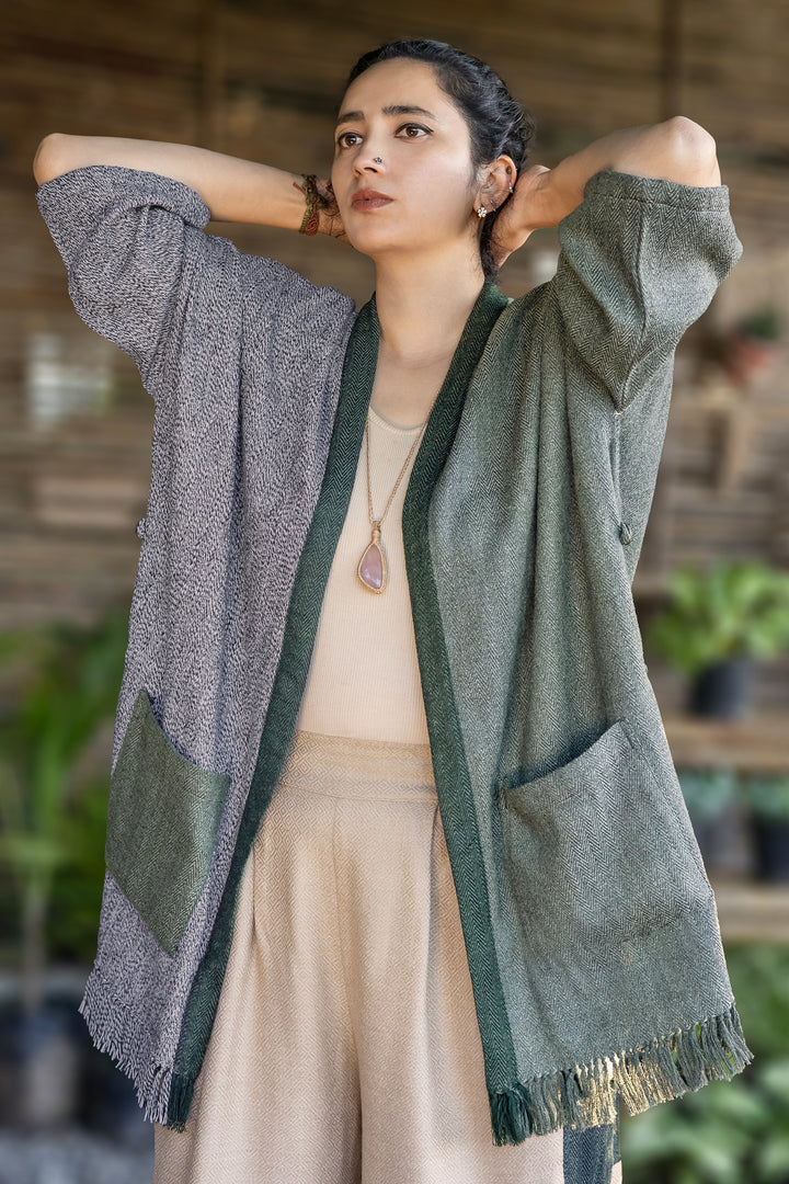 Kimono – Grey, front view: worn open with dark green trim and a patch pocket