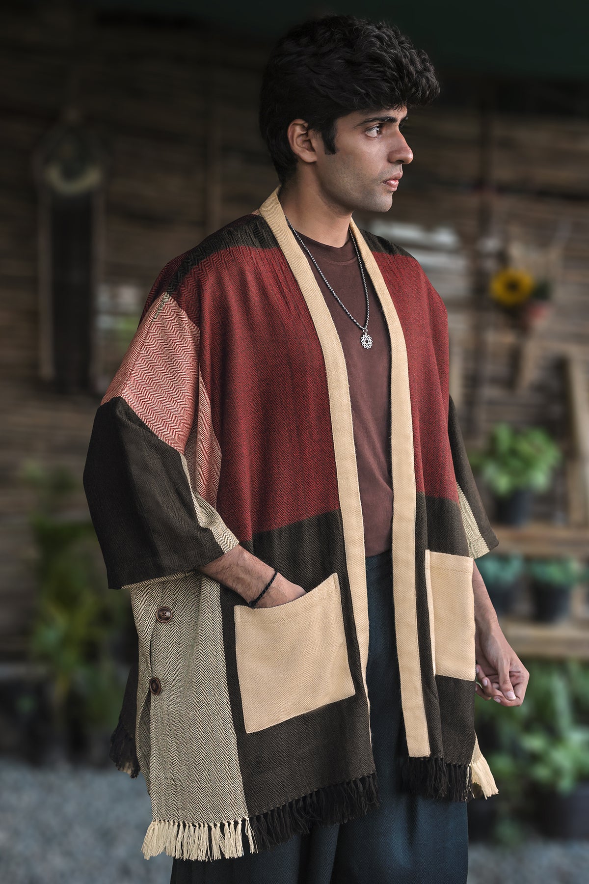 Kimono – Multicolour, front view: colour-block handloom in rust, blush, olive and black with cream trim and patch pockets