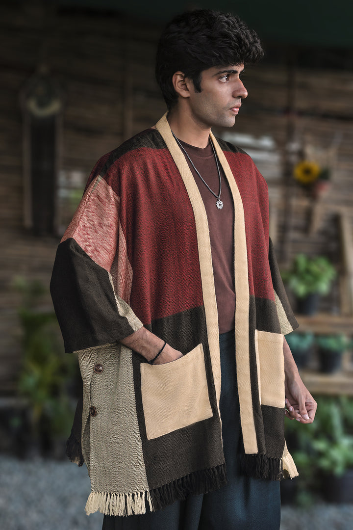 Kimono – Multicolour, front view: colour-block handloom in rust, blush, olive and black with cream trim and patch pockets