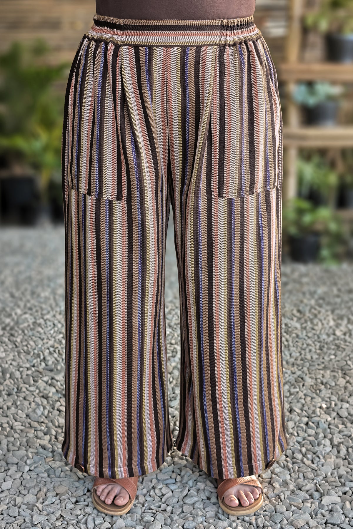Mellow Pants – Multicolour, front view: handloom stripes, elasticated waist and patch pockets