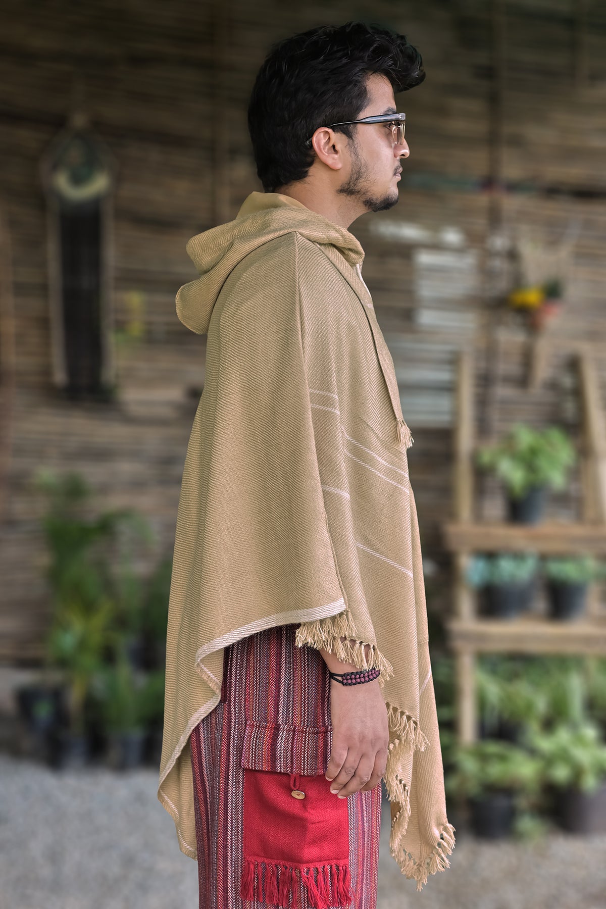 Poncho with Pocket – Sand Beige, side view with the hood down