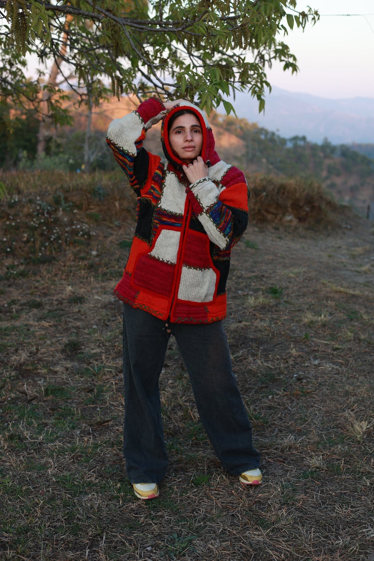 Patchwork jacket on a mountain evening